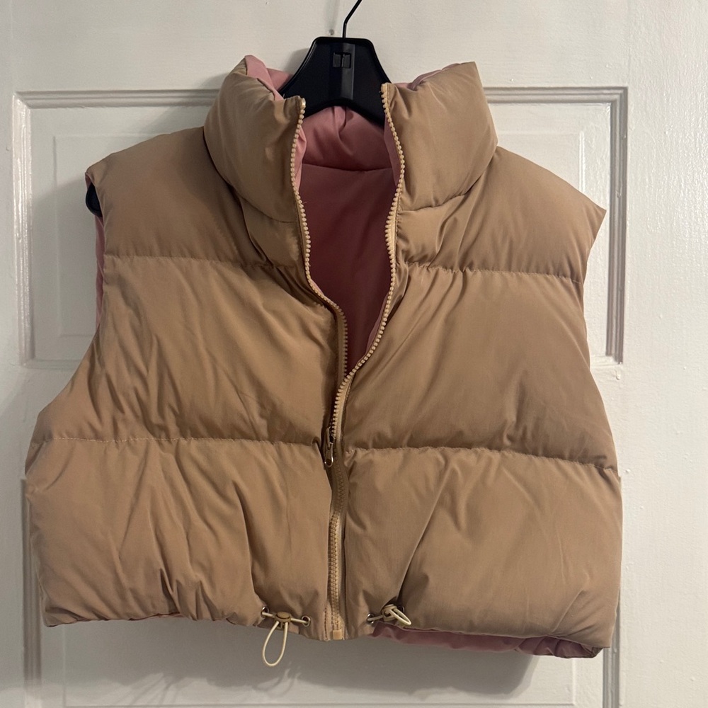Tan Puffer Vest with Pink Lining